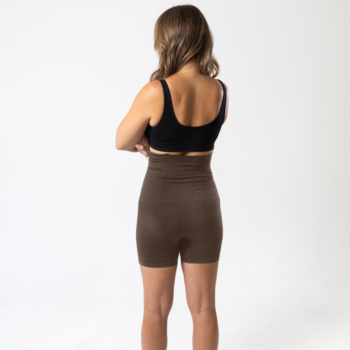KORFORM Coffee Brown high-waisted compression shorts - back view