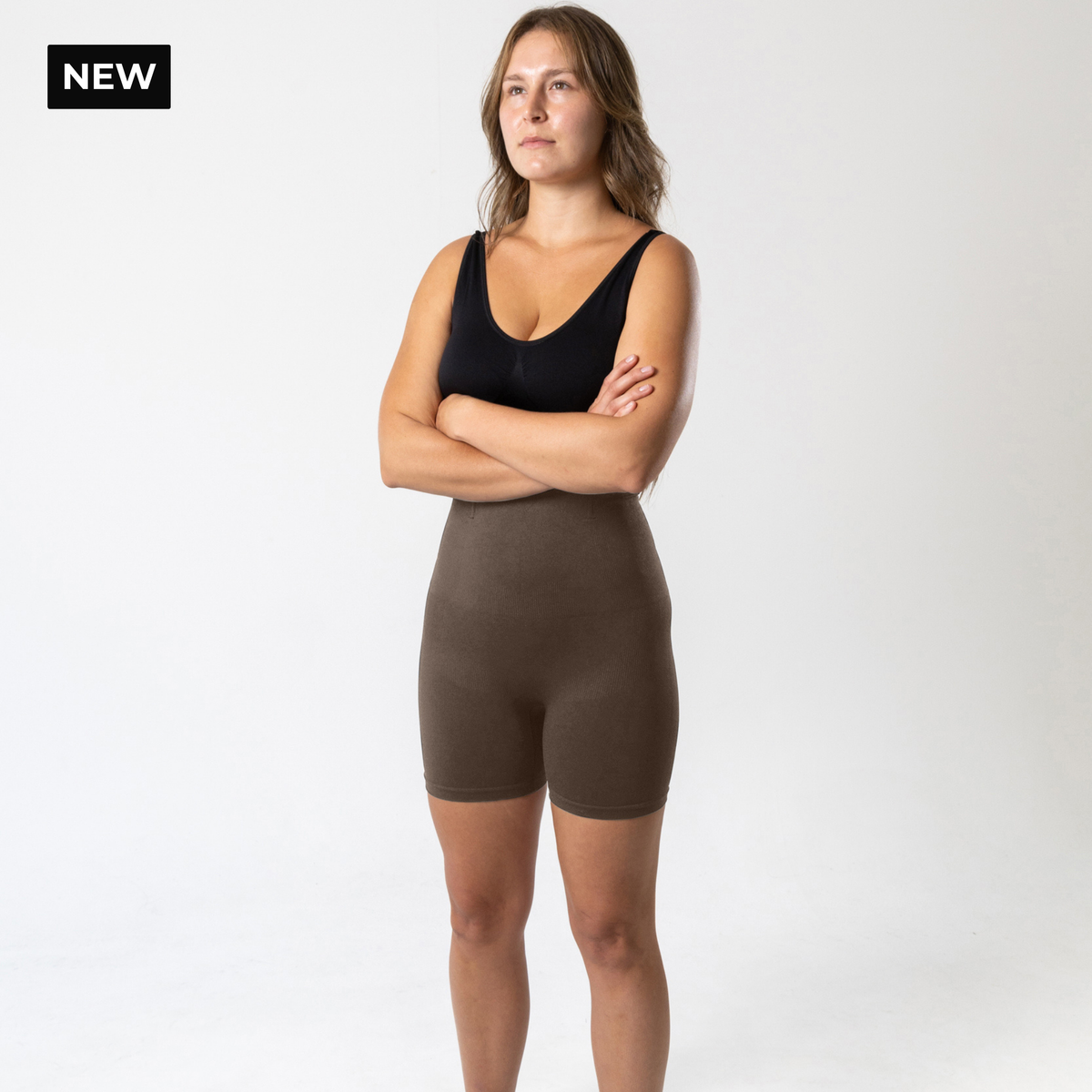 KORFORM Coffee Brown high-waisted compression shorts - front view