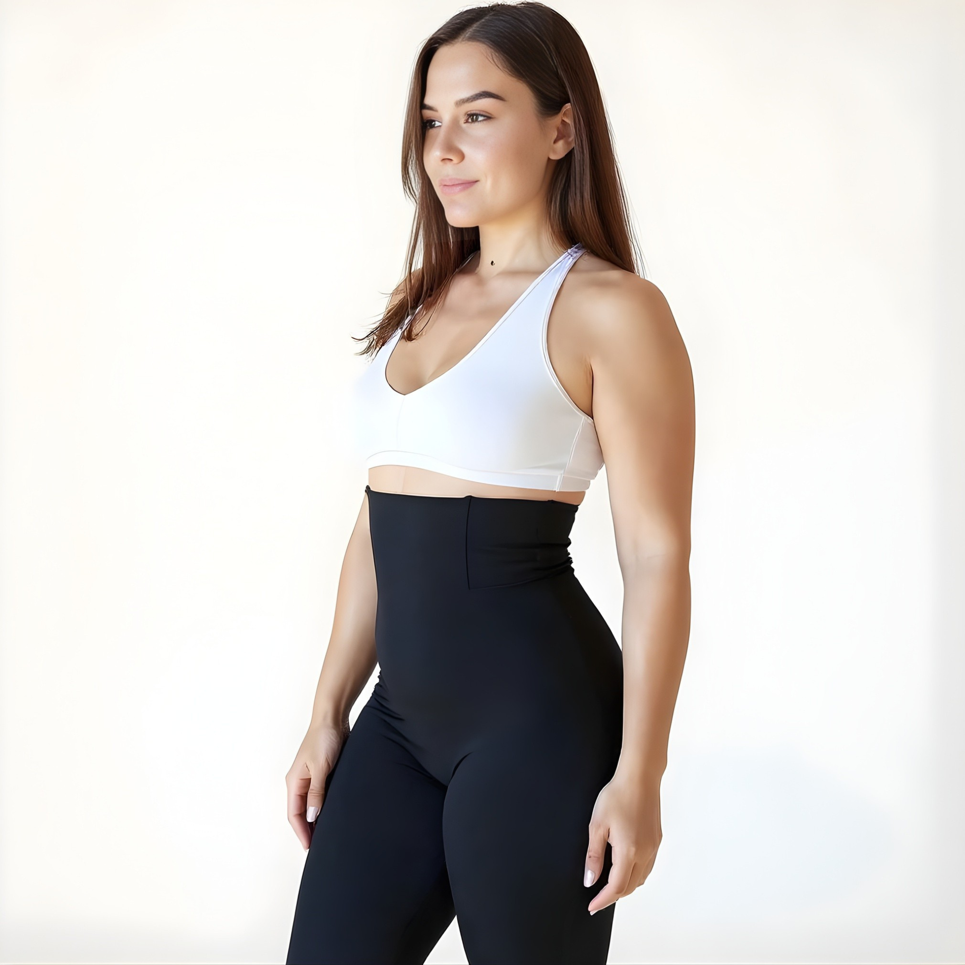 Side view of a woman wearing high-waisted black compression leggings and a white sports bra, showing the supportive waistband and smooth matte finish — KORFORM Scandinavian design.