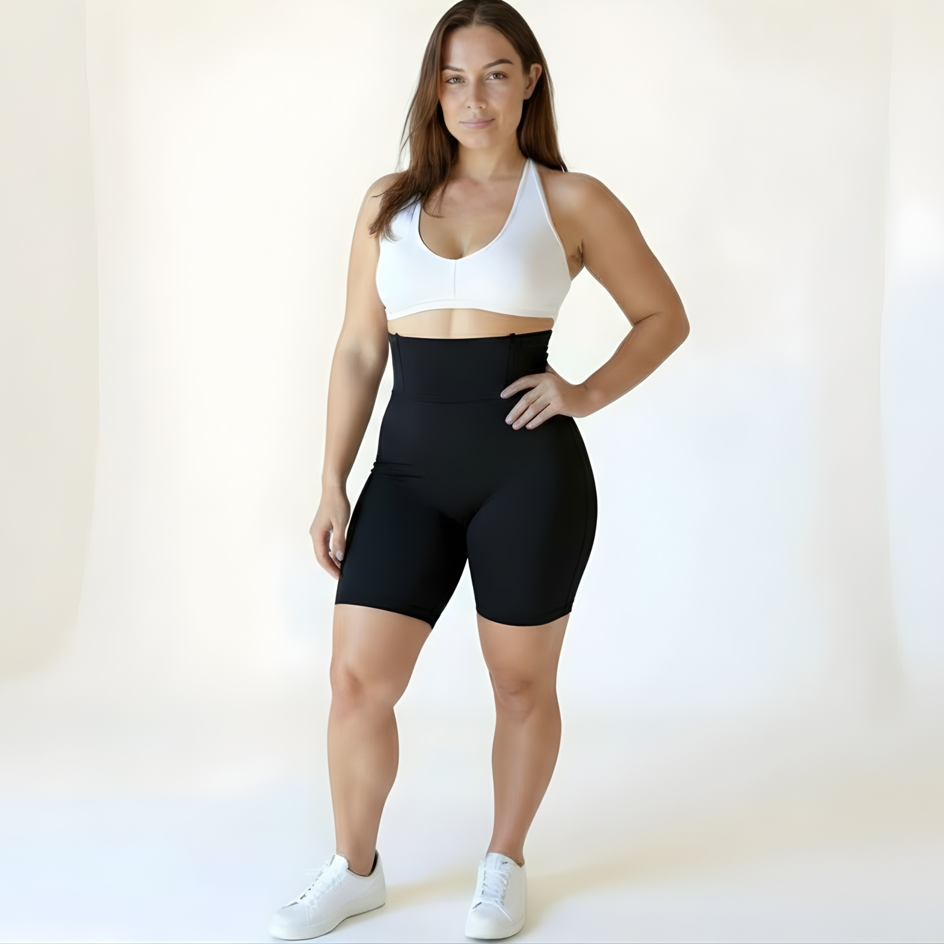 Woman wearing high-waisted black compression shorts and a white sports bra on a soft beige background — Scandinavian minimalist style by KORFORM.