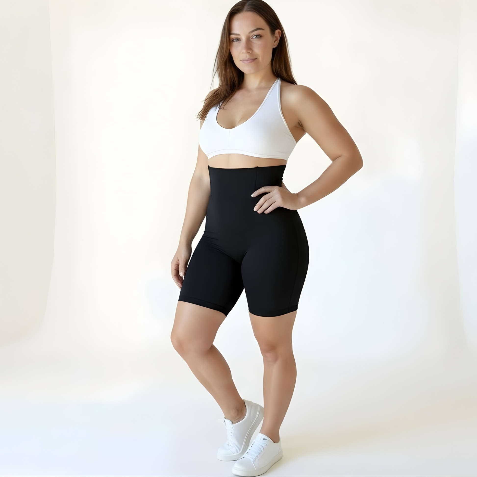 Woman wearing high-waisted black compression shorts and a white sports bra in a relaxed three-quarter pose, showing the sleek supportive fit — KORFORM Scandinavian activewear.
